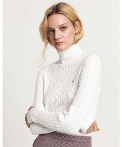 Gant Stretch Cotton Cable Turtleneck Knit Eggshell