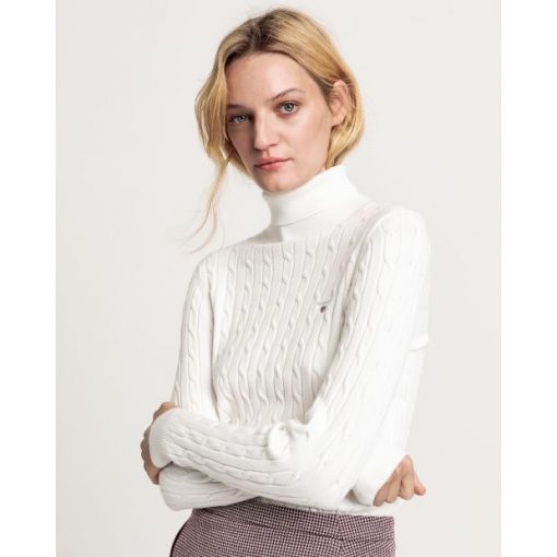 Gant Stretch Cotton Cable Turtleneck Knit Eggshell