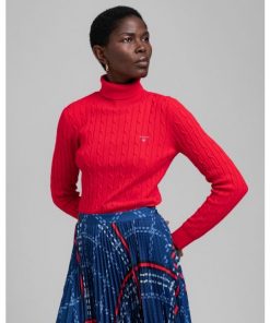 Gant Stretch Cotton Cable Turtleneck Knit Bright Red