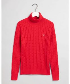 Gant Stretch Cotton Cable Turtleneck Knit Bright Red