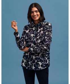 Gant Snow Blossom Print Cotton Silk Shirt Evening Blue