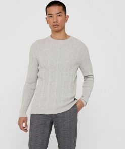 Only & Sons Thin Cable Crew Neck Knit Light Grey