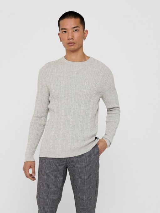 Only & Sons Thin Cable Crew Neck Knit Light Grey