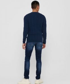 Only & Sons Thin Cable Crew Neck Knit Blue