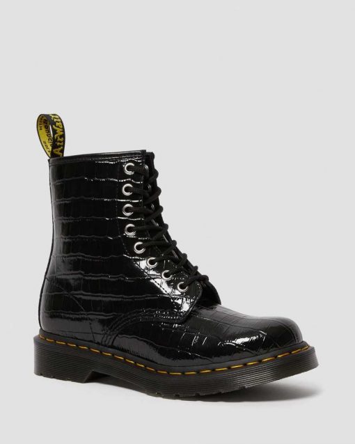Dr. Martens Patent Croc Emboss Boots Black Lamper Croc