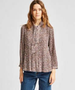 Selected Femme Recycled Plisse Tie Neck Top Cappuccino