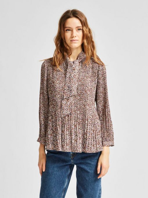 Selected Femme Recycled Plisse Tie Neck Top Cappuccino