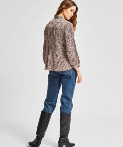Selected Femme Recycled Plisse Tie Neck Top Cappuccino