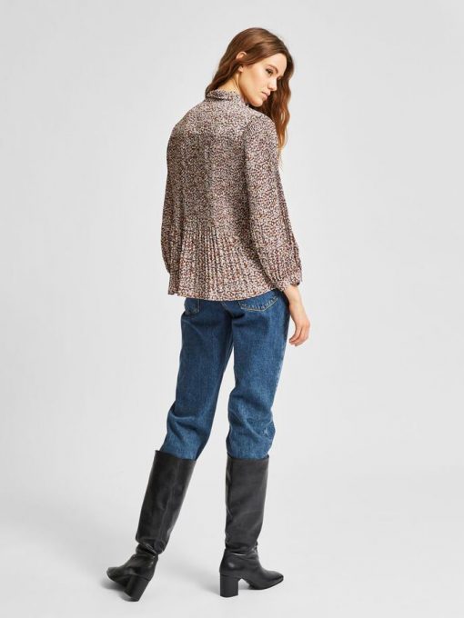 Selected Femme Recycled Plisse Tie Neck Top Cappuccino