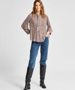 Selected Femme Recycled Plisse Tie Neck Top Cappuccino