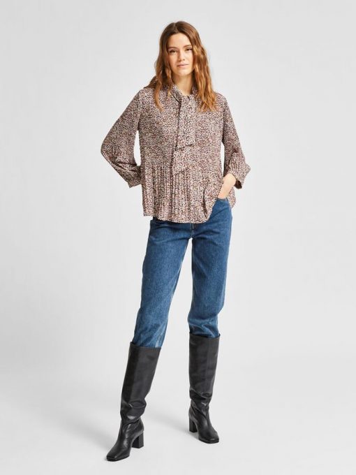 Selected Femme Recycled Plisse Tie Neck Top Cappuccino