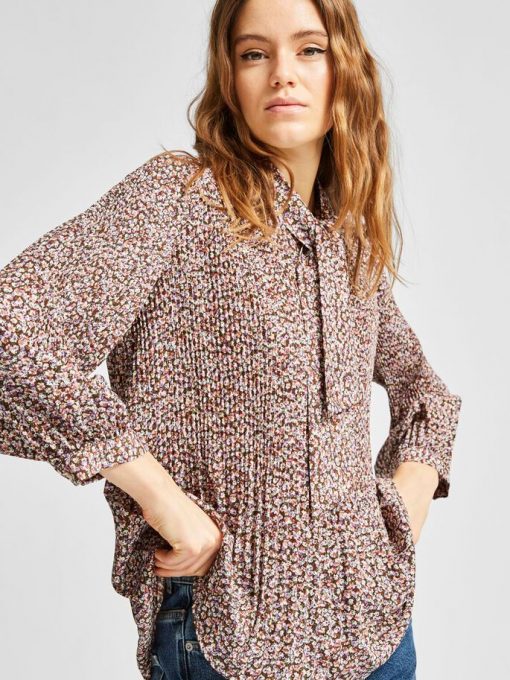 Selected Femme Recycled Plisse Tie Neck Top Cappuccino
