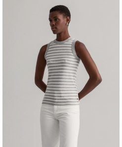 Gant Women Striped Rib Top Light Grey Melange