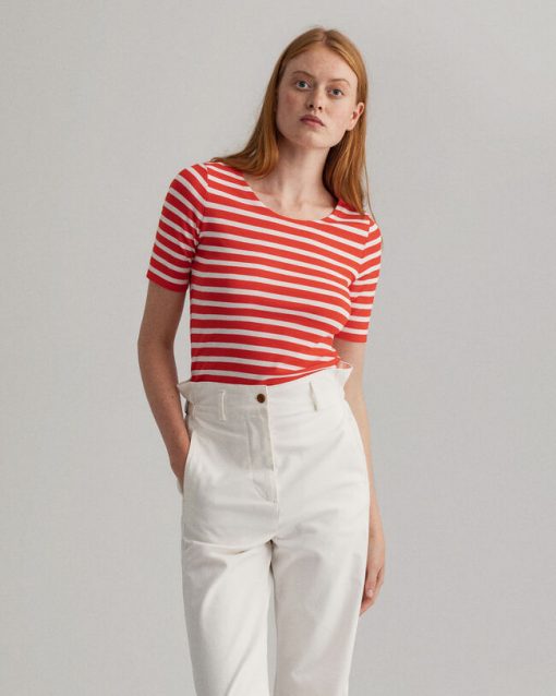 Gant Woman Striped Rib T-shirt Lava Red