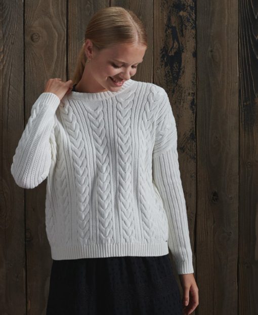 Superdry Dropped Shoulder Cable Crew Neck Jumper Winter White