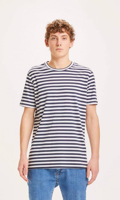 Knowledge Cotton Apparel Alder Mercerized Striped Tee Total Eclipse