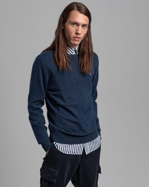 Gant Superfine Lambswool Crew Neck Jumper Dark Navy Melange