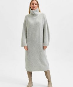 Selected Femme Elina Knit High Neck Dress Light Grey Melange