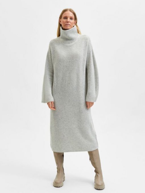 Selected Femme Elina Knit High Neck Dress Light Grey Melange