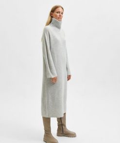 Selected Femme Elina Knit High Neck Dress Light Grey Melange