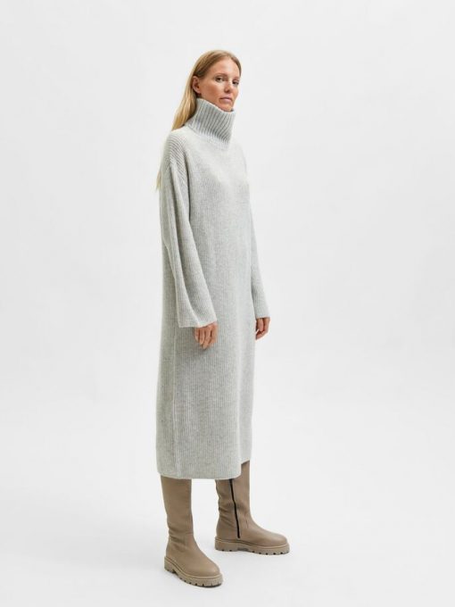 Selected Femme Elina Knit High Neck Dress Light Grey Melange