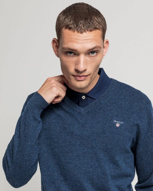 Gant Superfine Lambswool V-Neck Jumper Dark Navy Melange
