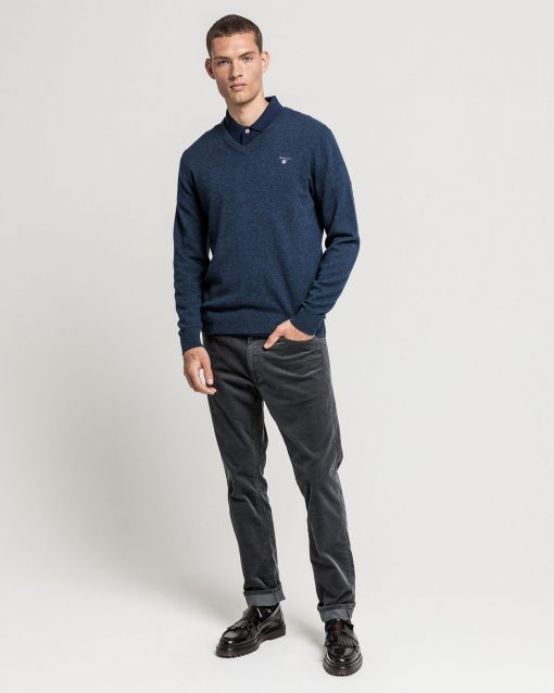 Gant Superfine Lambswool V-Neck Jumper Dark Navy Melange