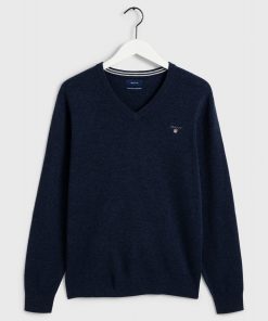 Gant Superfine Lambswool V-Neck Jumper Dark Navy Melange
