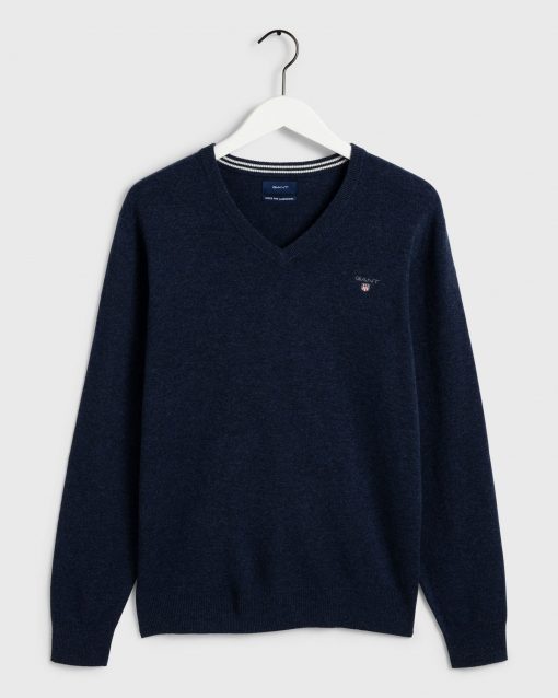 Gant Superfine Lambswool V-Neck Jumper Dark Navy Melange