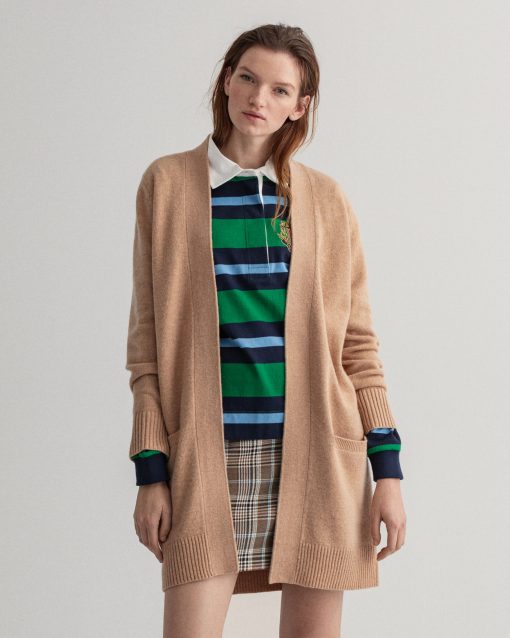 Gant Woman Long Wool Cardigan Khaki Melange