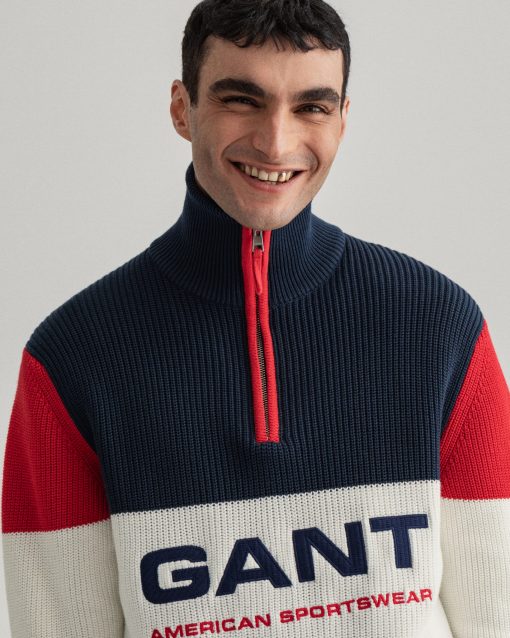Gant Stripe Graphic Half Zip Sweater Marine