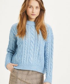 Knowledge Cotton Apparel Myrthe Alpaca Cable Crew Neck Knit Blue Fog