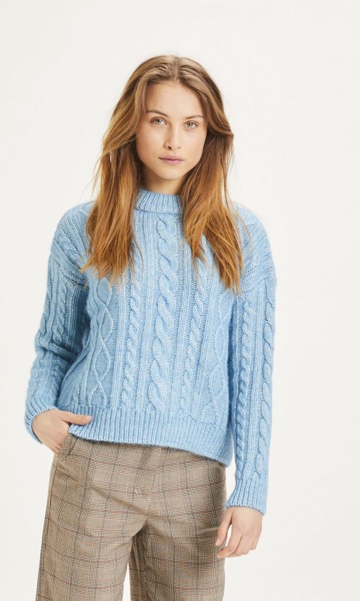 Knowledge Cotton Apparel Myrthe Alpaca Cable Crew Neck Knit Blue Fog