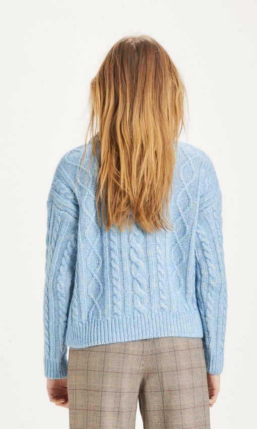 Knowledge Cotton Apparel Myrthe Alpaca Cable Crew Neck Knit Blue Fog