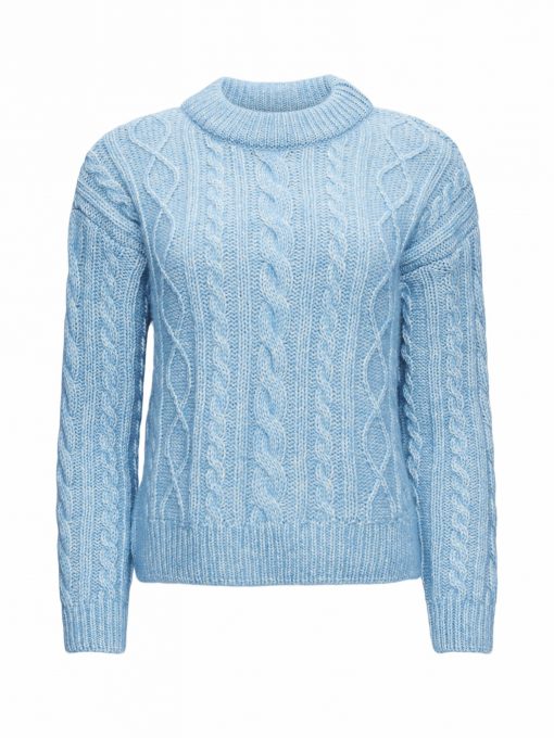 Knowledge Cotton Apparel Myrthe Alpaca Cable Crew Neck Knit Blue Fog
