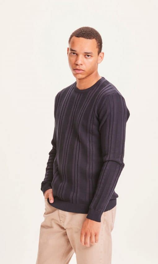 Knowledge Cotton Apparel Field Structure Crew Neck Knit Total Eclipse