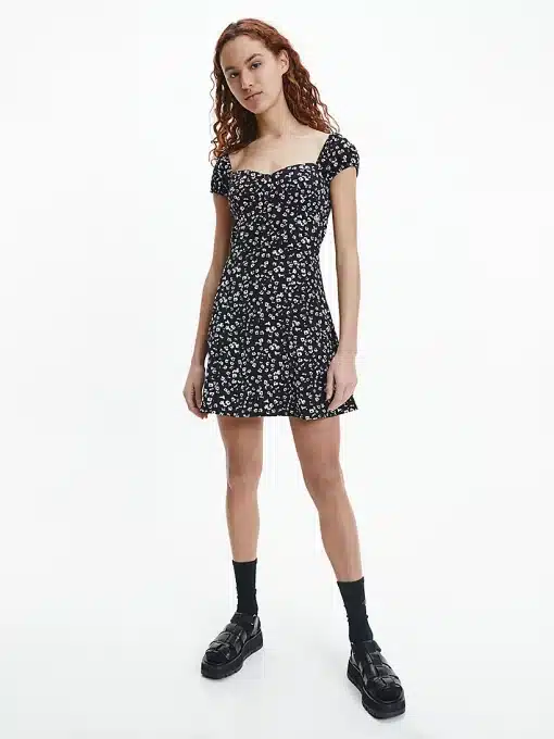 Calvin Klein Off Shoulder Dress Floral Aop CK Black/bright White