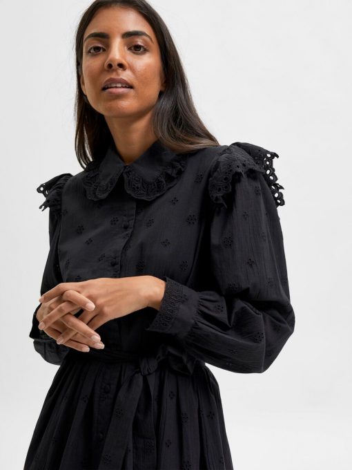 Selected Femme Brody Short Broderie Shirt Dress Black