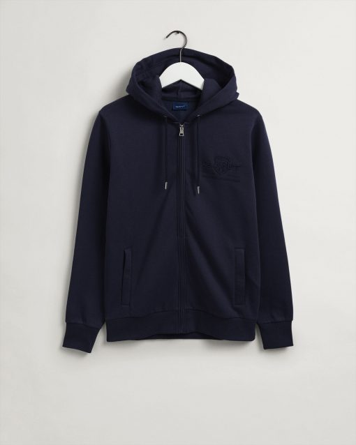 Gant Tonal Archive Shield Zip Hoodie Evening Blue