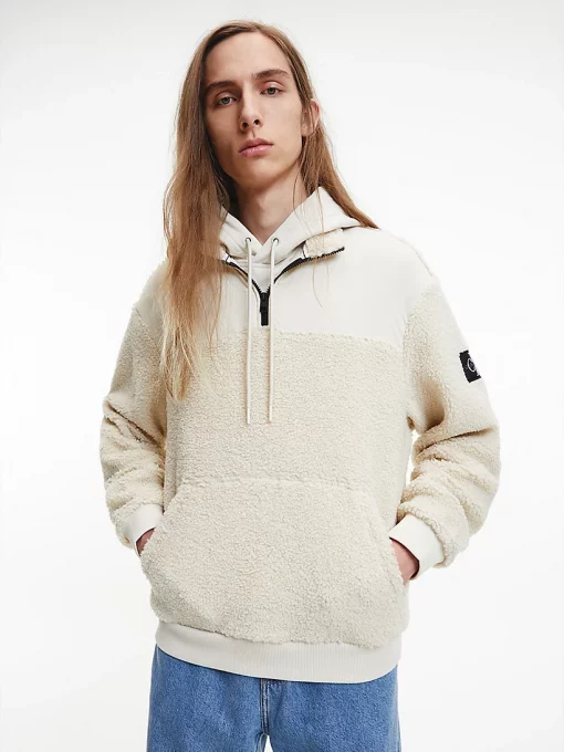 Calvin Klein Badge Sherpa Half Zip Jacket Eggshell