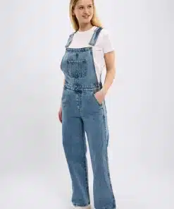 Knowledge Cotton Apparel Reborn Gale Loose Fit Bibs Jeans Bleached Stonewash