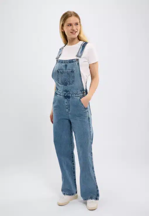 Knowledge Cotton Apparel Reborn Gale Loose Fit Bibs Jeans Bleached Stonewash