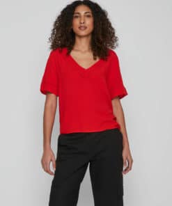 Vila Mesa Detail V-Neck Top Flame Scarlett