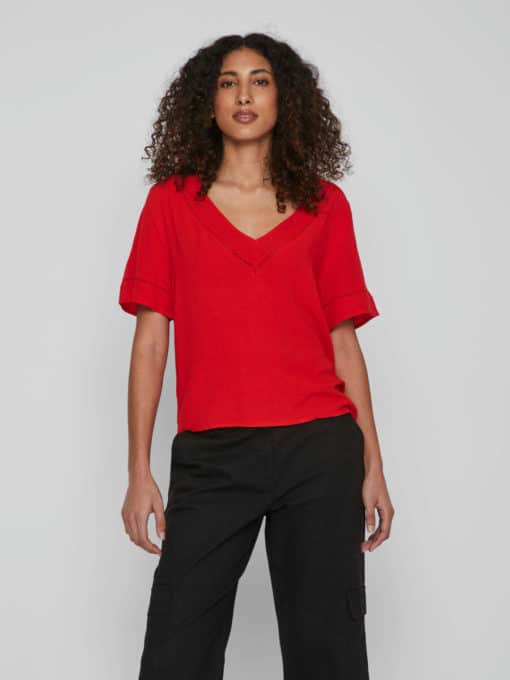 Vila Mesa Detail V-Neck Top Flame Scarlett