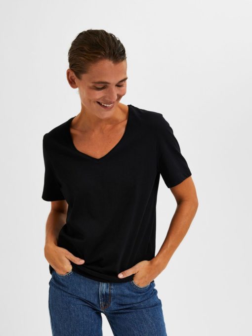 Selected Femme V-Neck T-shirt Black
