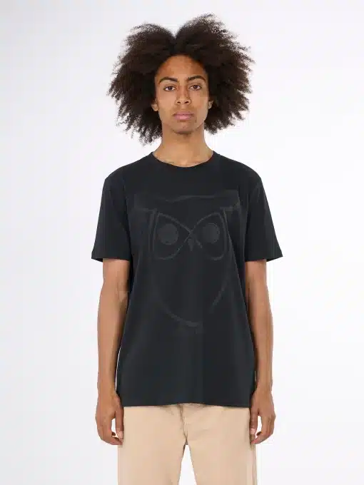 Knowledge Cotton Apparel Big Owl Front Print T-shirt Black