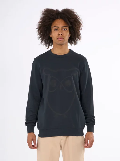 Knowledge Cotton Apparel Big Owl Front Print Sweat Balck Jet