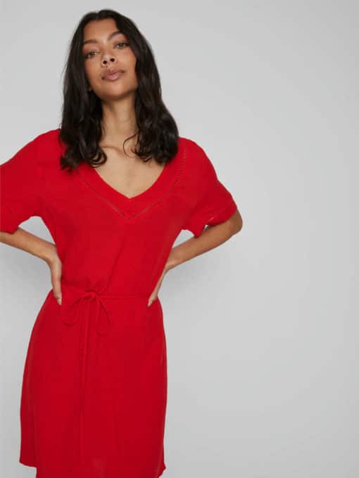 Vila Mesa Detail V-Neck Dress Flame Scarlet
