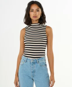 Knowledge Cotton Apparel Striped High Neck Rib Top
