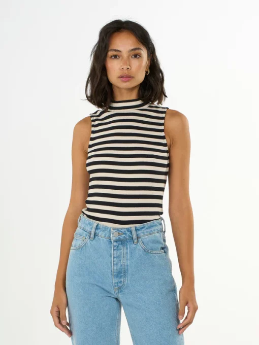 Knowledge Cotton Apparel Striped High Neck Rib Top